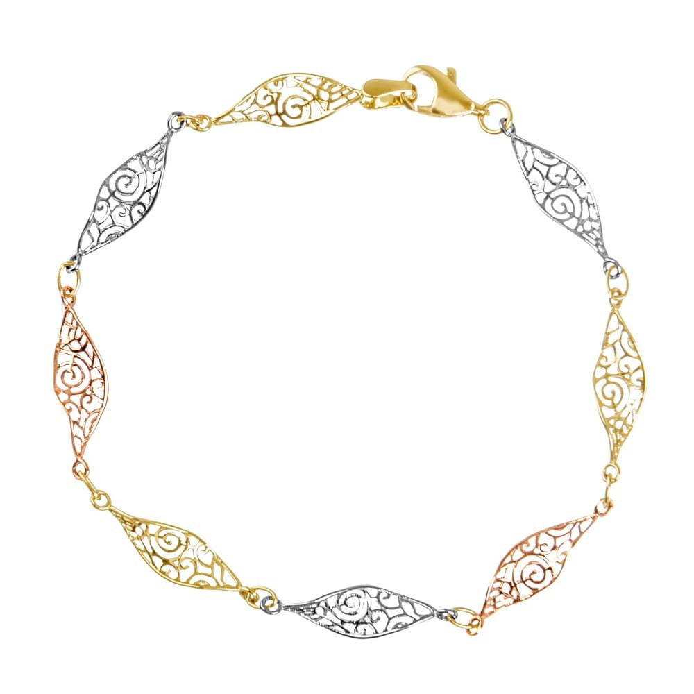 JEWELRYWEB 14k Yellow White and Rose Gold Tri Clear High Polish Filigree Twisted Bracelet - 7.50 Inch