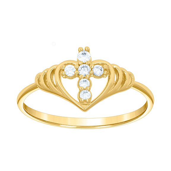 14k Yellow Womens Gold Cubic Zirconia Religious Faith Cross Love Heart Ring 8.7mm Long Statement Ring for Women