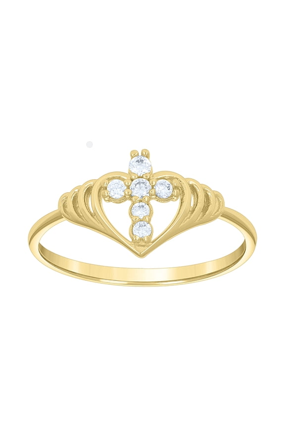 14k Yellow Womens Gold Cubic Zirconia Cross Heart Ring
