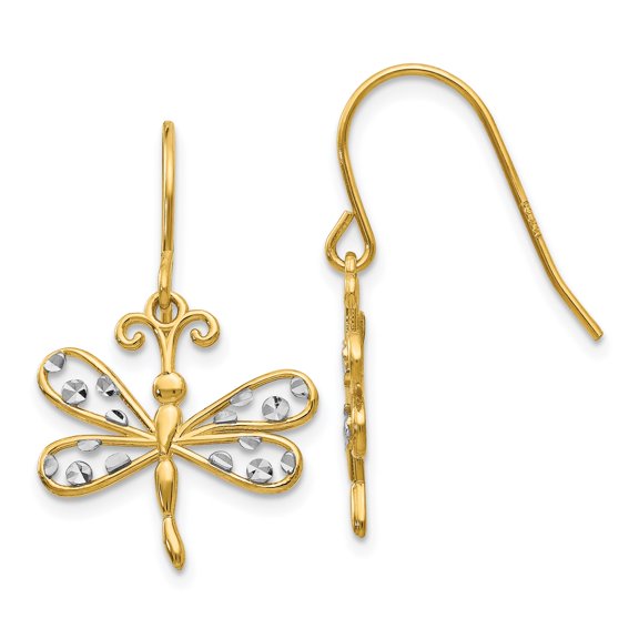 14k Yellow and Rhodium Gold Dragonfly Dangle Earrings for Women, Diamond Cut Wings, Two Tone Nature Symbol Jewelry, Elegant Hook Back Style