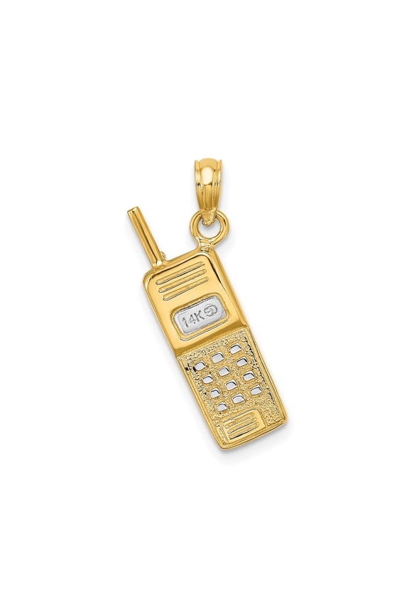 14k Yellow and Rhodium Gold Retro Cell Phone Pendant for Men and Women, Vintage 90s Tech Charm, Old School Mobile Necklace, Hip Hop Statement Jewelry