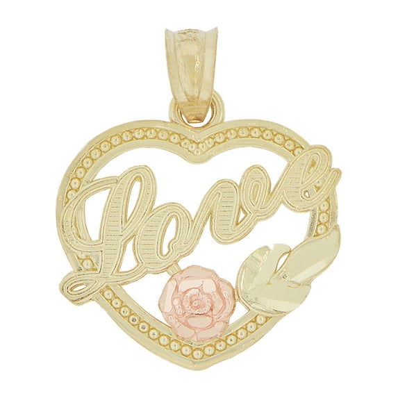 14k Yellow and Rose Gold, Small Heart Rose Love Pendant Charm 16mm with 18" Dainty Neck Chain