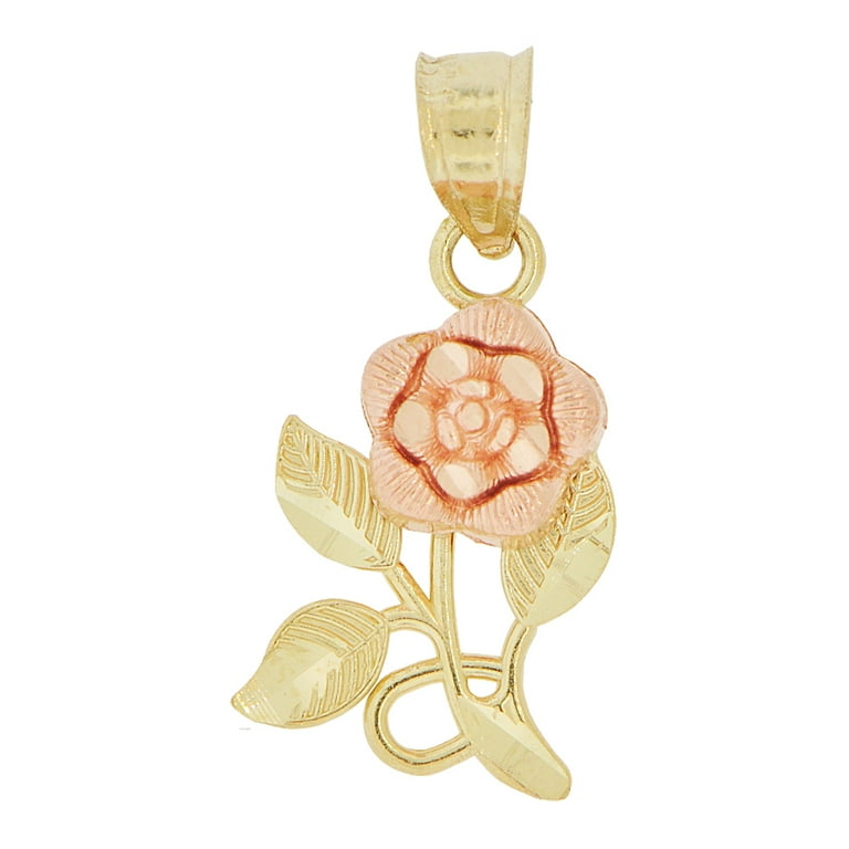 14k Yellow and Rose Gold, Small Size Rose Stem Flower Pendant