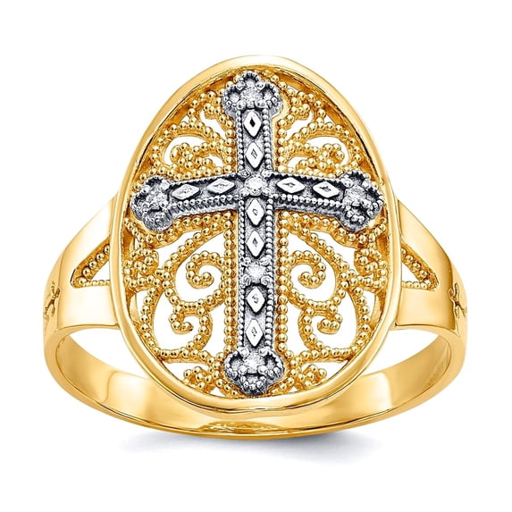 14k Yellow and White Gold Polished Diamond Filigree Religious Faith Cross Ring Size 7.50 Ring for Women