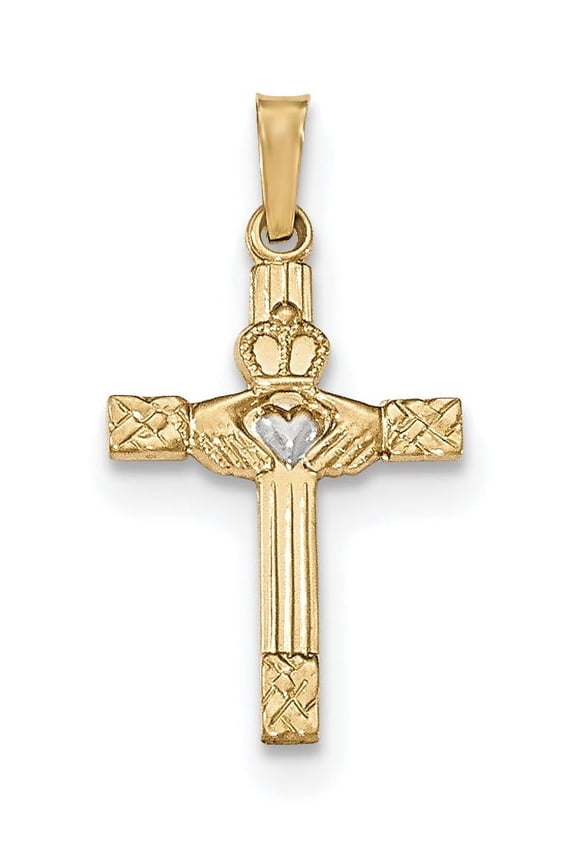 14k and Rhodium Polished Claddagh Cross Pendant