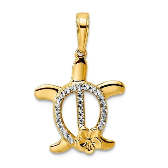 14k and White Rhodium Sparkle-Cut Turtle With Flower Pendant Necklace 22.99x14mm Wide 2.45mm Thick Pendant for Women