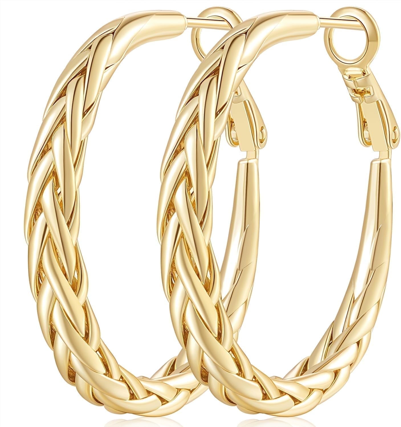 14K Gold Hoop Earrings for Women Large 35mm Intricate Weave Design 14K Gold Hoop Earrings Lightweight Gold Plated Earrings for Women Elegant Drop Hoops Secure Closure