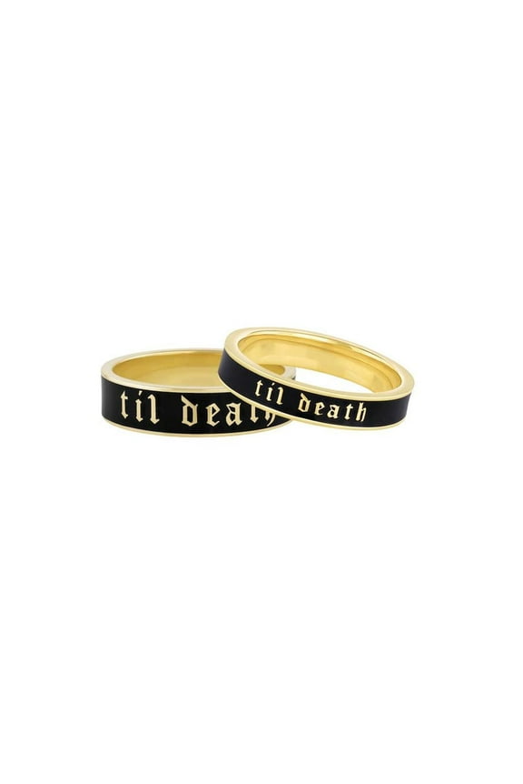 14k gold plated 4mm Wide Til Death Black Enamel Band Ring | Stacking Band | Promise Ring | Pair Set of Til Death Ring for couple