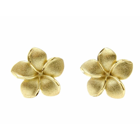 14k solid yellow gold 18mm Hawaiian plumeria flower stud earrings