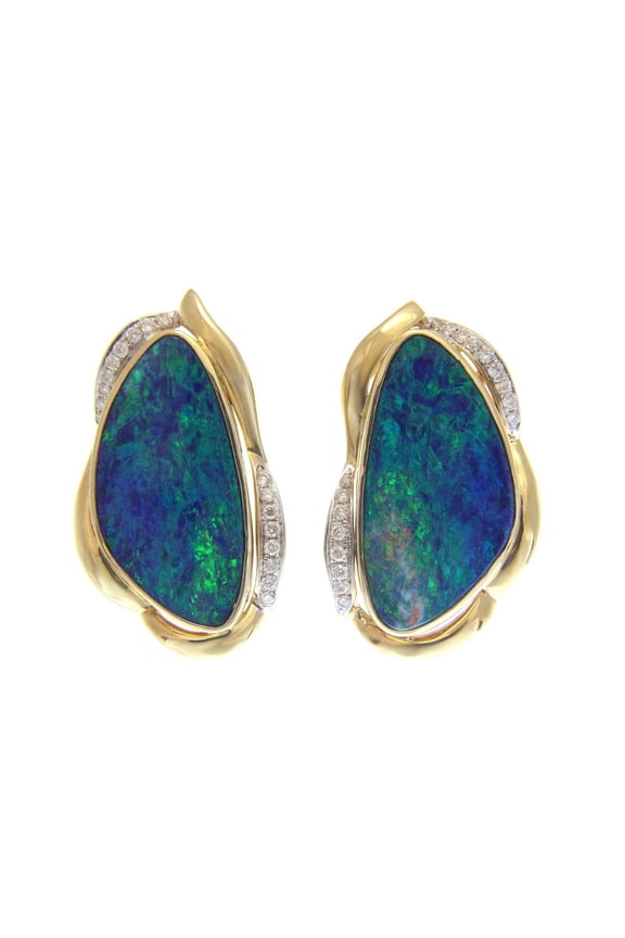 14k solid yellow gold genuine Australian opal (H-I color, I1-I2 Clarity) 0.45 cttw diamond omega back 18mm earrings