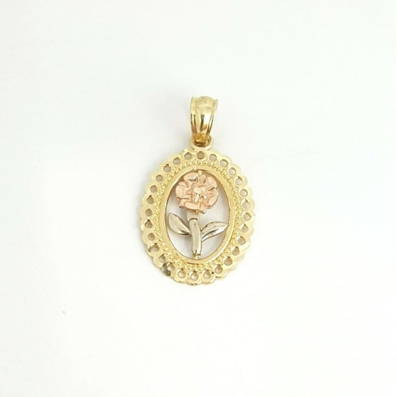 14k tri color solid Gold oval rose flower Pendant charm fine gift jewelry 1.1g