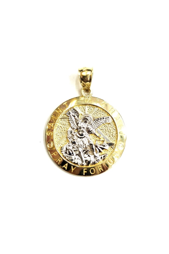 14k two tone gold Round saint Michael pendant 0.98" fine religious jewelry 3.9g