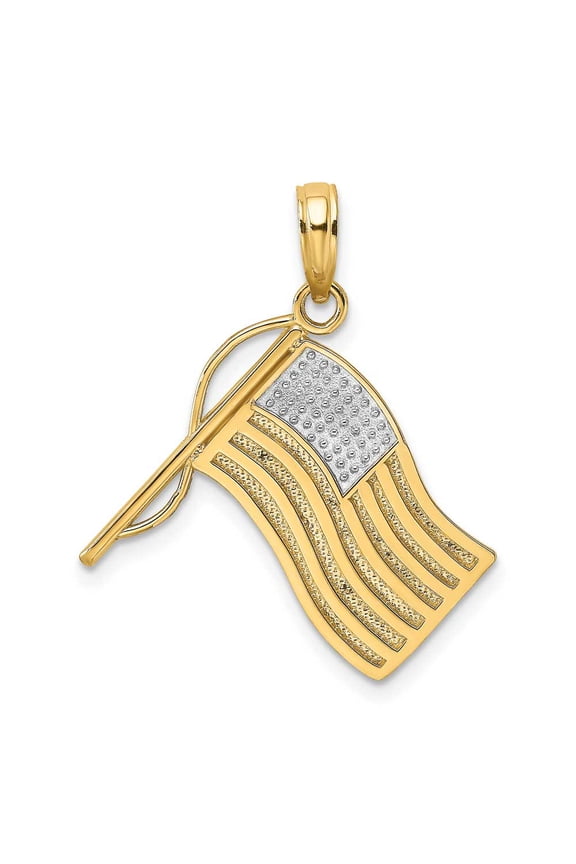 14k Yellow Gold, White Rhodium Textured Polished Finish U.S.A American Flag Charm Pendant