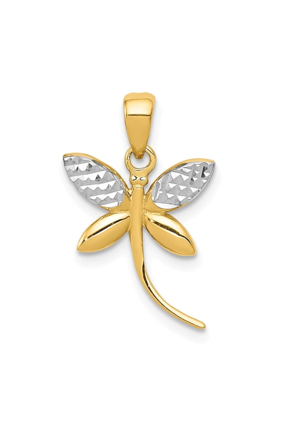 14k w/Rhodium D/C and Polished Dragonfly Pendant in 14k Yellow Gold w/ Rhodium Plating