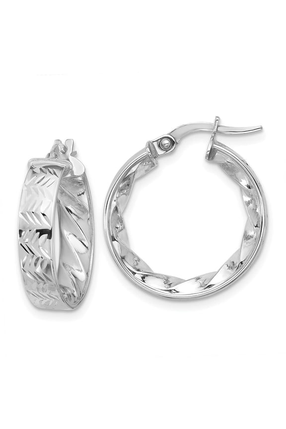 14k w/ White Rhodium Plating Polished and D/C Hoop Earrings