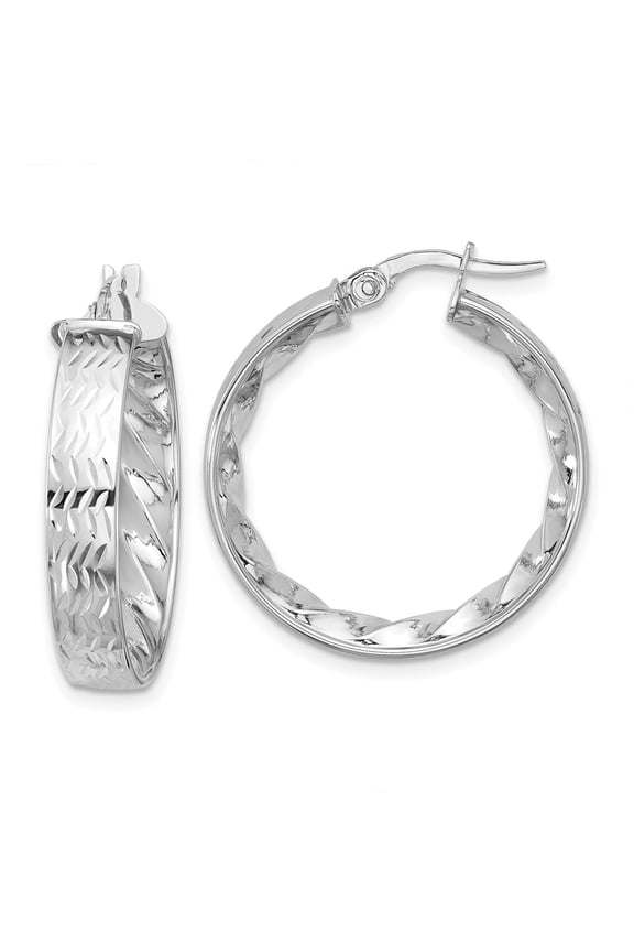 14k w/ White Rhodium Plating Polished and D/C Hoop Earrings