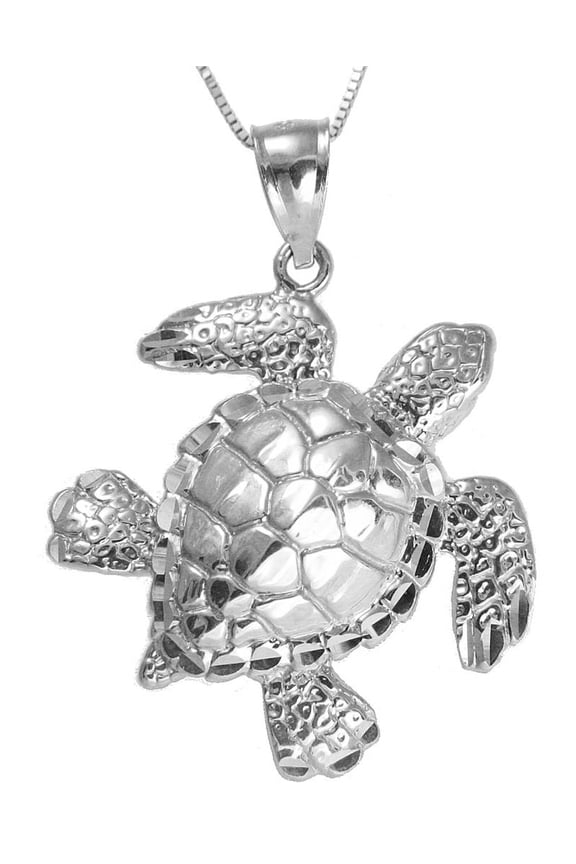 14k white gold Hawaiian sea ocean turtle honu pendant extra shiny large