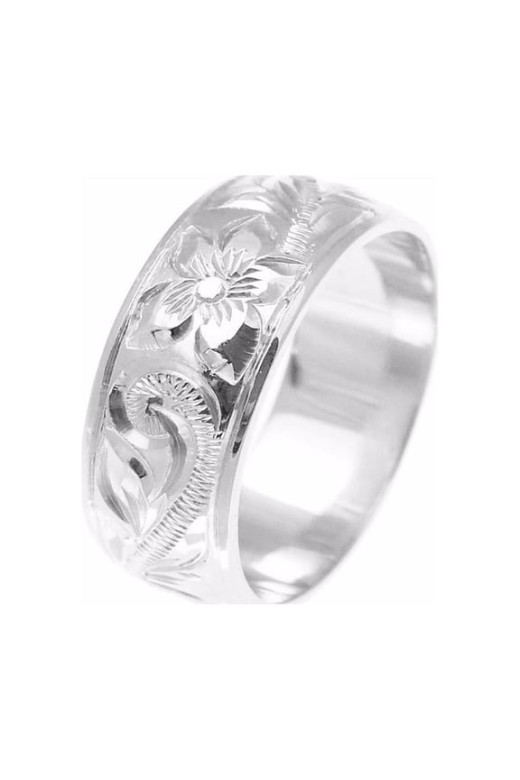 14k white gold hand engraved Hawaiian plumeria scroll band ring smooth edge 8mm size 12