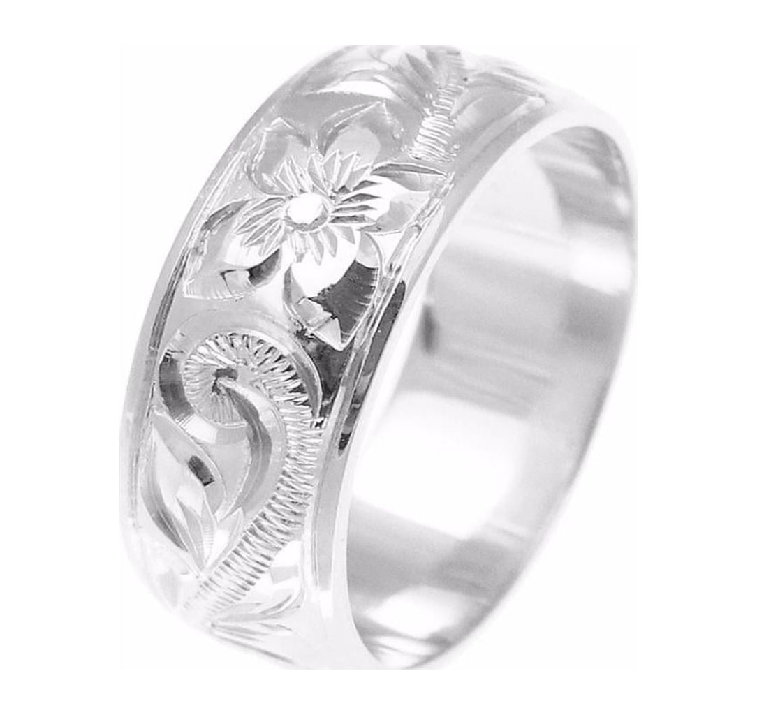 14k white gold hand engraved Hawaiian plumeria scroll band ring smooth ...