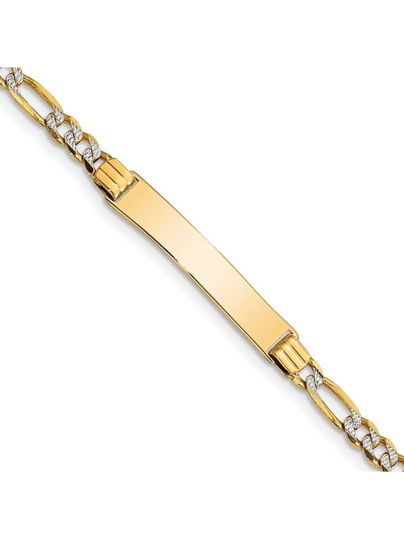 14k with Rhodium Polished Solid Chain/Solid Plate Pav Figaro Link 26x5mm Plate 5.5 inch Baby/Child ID Bracelet