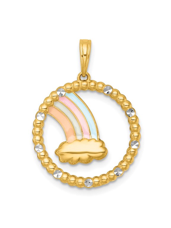 14k with White Rhodium Multi Color Enamel Rainbow With Cloud in Circle Charm