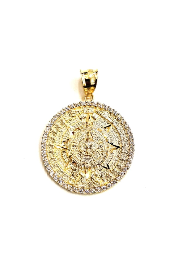 14k yellow Gold Aztec Mayan sun calendar Azteca pendant Cubic Zirconia 1.1" 4.9g
