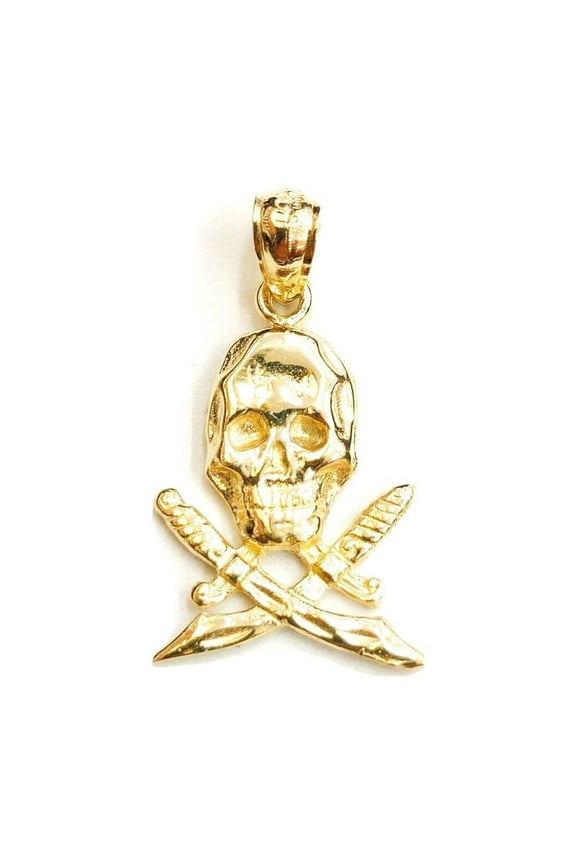 14k yellow Gold Skull with swords dagger pirate Pendant gift fine jewelry 1.9g