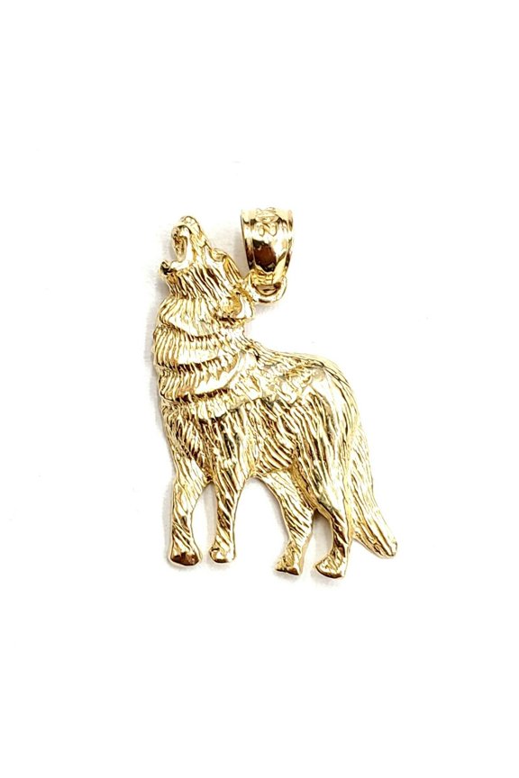 14k yellow Gold howling wolf full body animal Pendant charm fine jewelry 2.3g