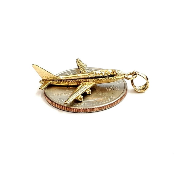 14k yellow Gold solid Airplane Aviation 3D pendant charm gift fine jewelry 3.4g