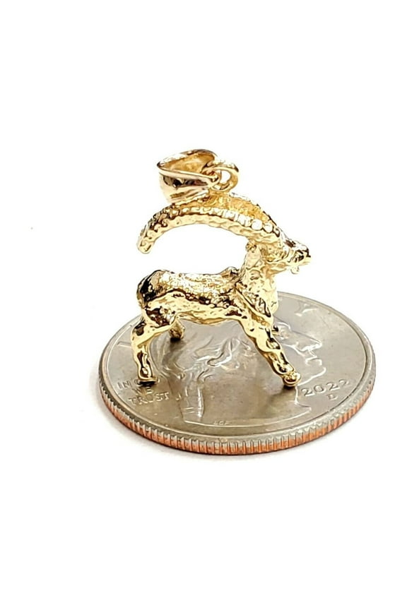 14k yellow Gold solid Goat long horn 3D Pendant charm animal fine jewelry 3.7g