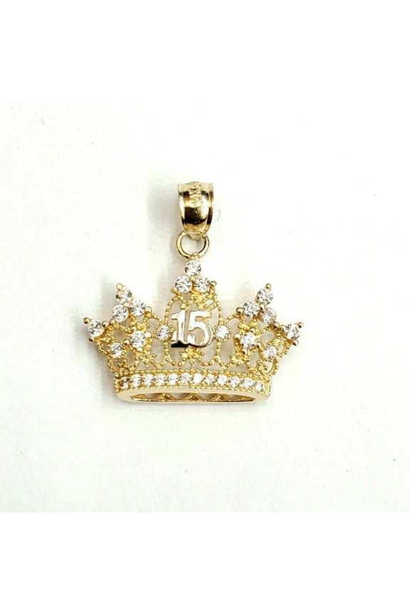 14k yellow gold 15 Aos 15 years crown pendant cubic zirconia fine jewelry 2.1g