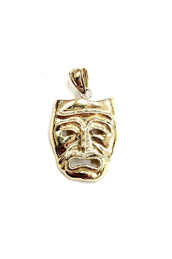 14k yellow gold cry later sad face mask drama theater act pendant jewelry 2.5g