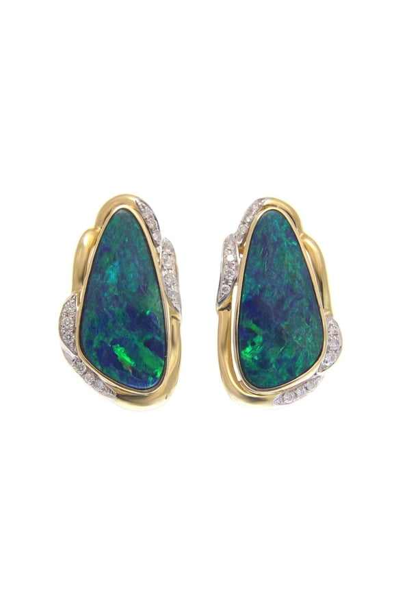 14k yellow gold genuine Australian opal (H-I color, I1-I2 Clarity) 0.23 cttw diamond omega back 15mm earrings