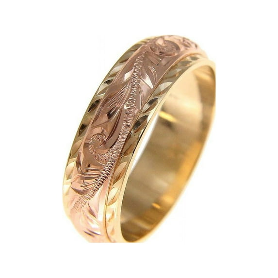 14k yellow rose gold hand engraved custom made Hawaiian plumeria scroll 4mm/6mm double ring size 2