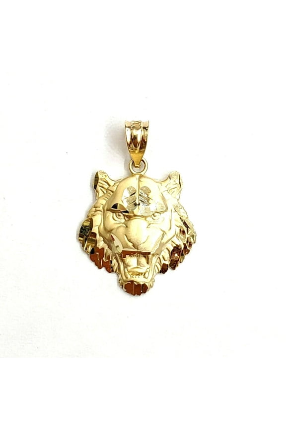 14k yellow solid Gold tiger male head face Pendant diamond cut fine jewelry 2g