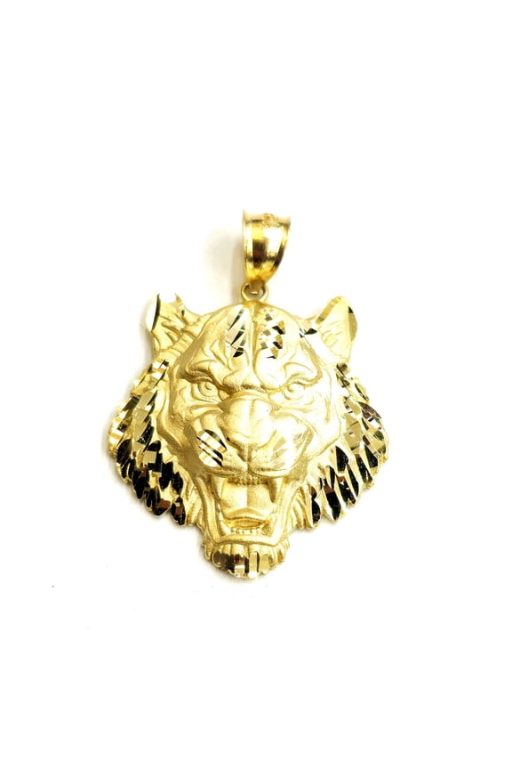14k yellow solid gold tiger male head face Pendant diamond cut fine jewelry 5.8g
