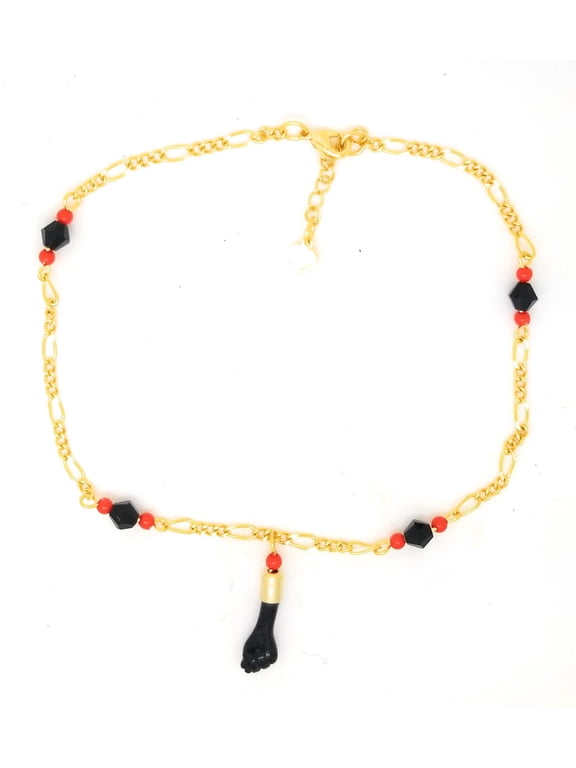 14kt GP Black Hand Evil Eye Lucky Charm Anklet 10 inches - Azabache Mal De Ojo Buena Suerte Tobillera Pulsera Para El Pie 10 pulgadas