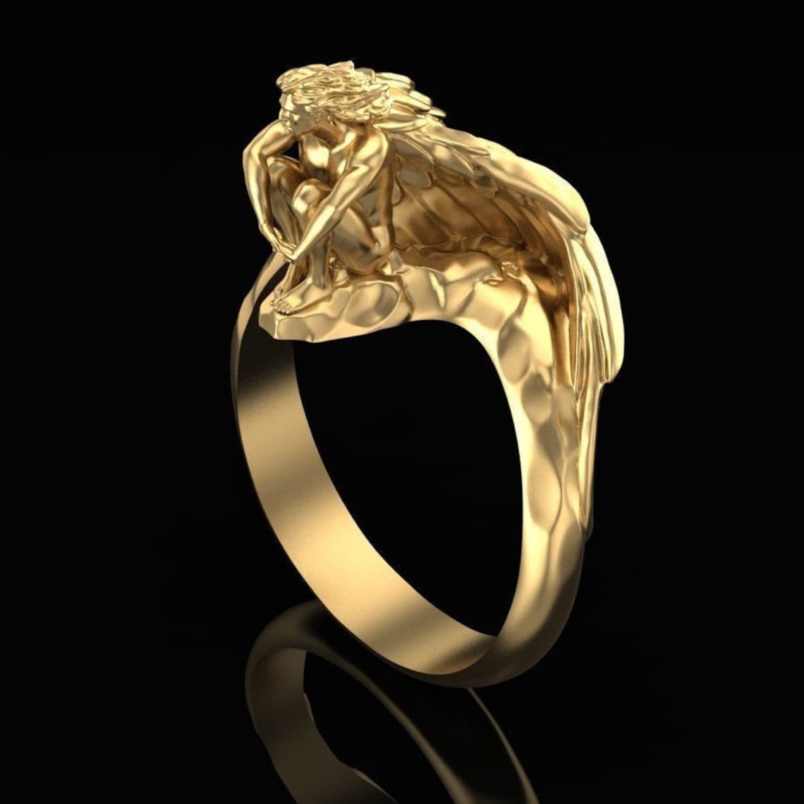 14kt Gold Over Angel Ring, Angle Sitting Ring Fantasy Ring Winged Angel ...