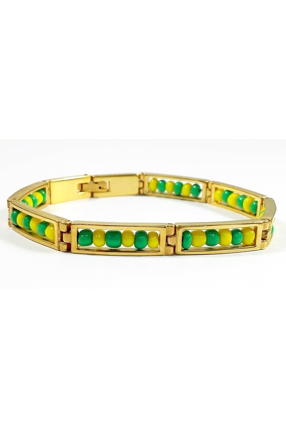 14kt Gold Stainless Steel Orula Bracelet Open Green Yellow Beads Babalawo Amulet Protection Unisex 8"