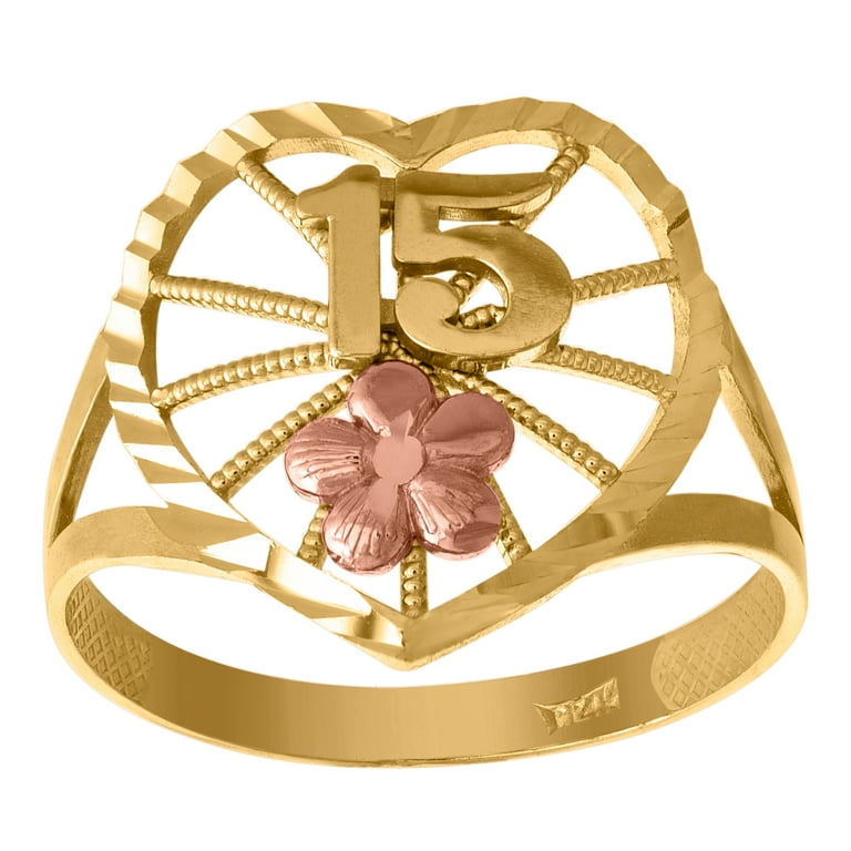 14kt Gold Womens Two tone DC 15 Anos Heart Flower Quinceanera Ring