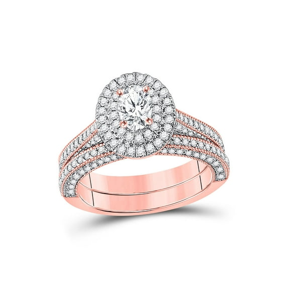 14kt Rose Gold Oval Diamond Bridal Wedding Ring Band Set 1-5/8 Cttw