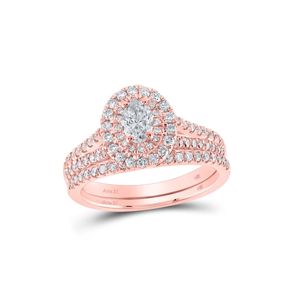 14kt Rose Gold Oval Diamond Halo Bridal Wedding Ring Band Set 1 Cttw