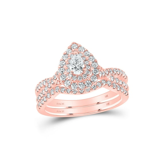 14kt Rose Gold Pear Diamond Halo Bridal Wedding Ring Band Set 1 Cttw