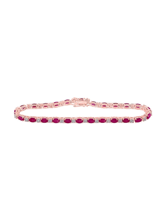 14kt Rose Gold Womens Oval Ruby Diamond Tennis Bracelet 7 Cttw