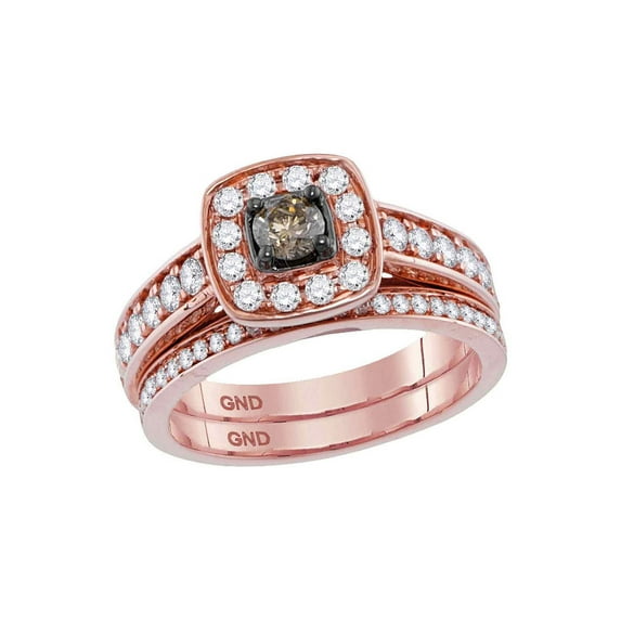 14kt Rose Gold Womens Round Brown Diamond Bridal Wedding Ring Band Set 1 Cttw