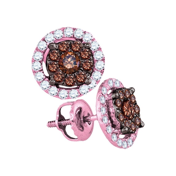 14kt Rose Gold Womens Round Brown Diamond Circle Cluster Earrings 3/4 Cttw