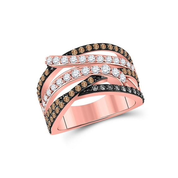 14kt Rose Gold Womens Round Brown Diamond Crossover Fashion Ring 1-1/4 Cttw