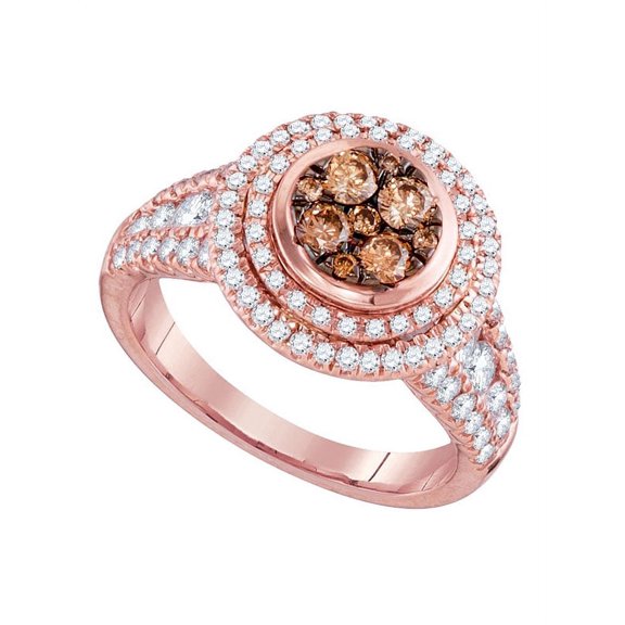 14kt Rose Gold Womens Round Cognac-brown Color Enhanced Diamond Cluster Bridal Wedding Engagement Ring 1-1/2 Cttw