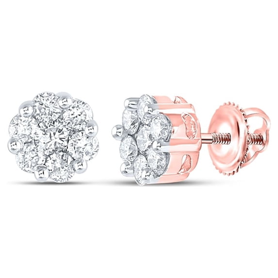 14kt Rose Gold Womens Round Diamond Flower Cluster Earrings 1 Cttw