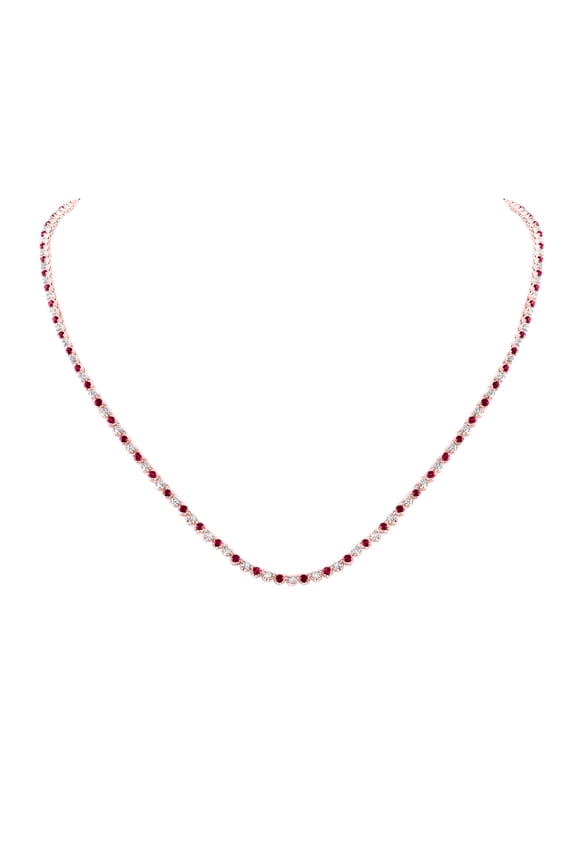14kt Rose Gold Womens Round Ruby Diamond Tennis Necklace 5-5/8 Cttw